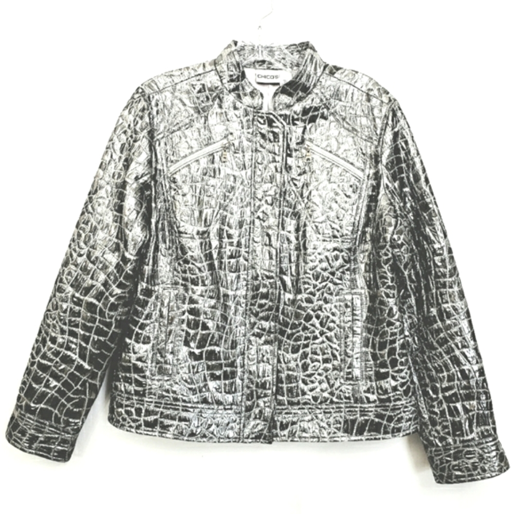 Chico's Silver Metalic Nwot Faux Snakeskin Longsleeve Jacket